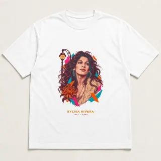 Front of a white tee with a two-color engraved design for Sylvia Rivera