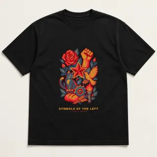 Front of a black tee with a four-color pixel-art design for Symbols of the left