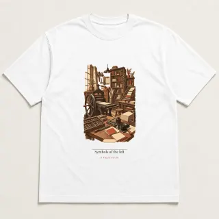 Front of a white tee carrying the light academia Symbols of the left design