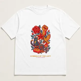 Front of a white tee with a four-color pixel-art design for Symbols of the left