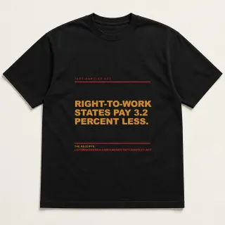 Front of a black tee reading "Right-to-work states pay 3.2 percent less." with the Taft-Hartley Act page address printed under it