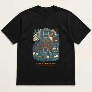 Front of a black tee with a four-color pixel-art design for Taft-Hartley Act