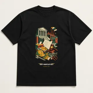 Front of a black tee carrying the mid-century Taft-Hartley Act design