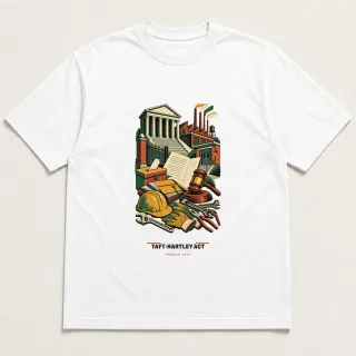 Front of a white tee carrying the mid-century Taft-Hartley Act design
