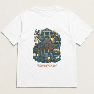 Front of a white tee with a four-color pixel-art design for Taft-Hartley Act