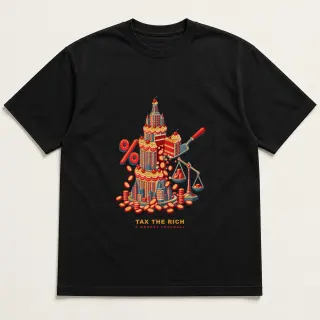 Front of a black tee with a four-color pixel-art design for Tax the rich