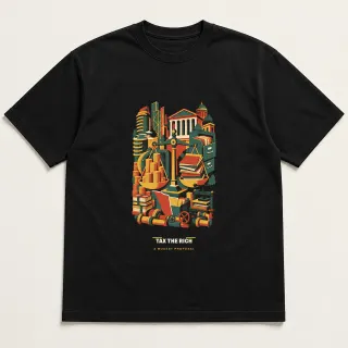 Front of a black tee carrying the cut paper modern Tax the rich design