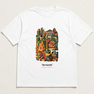 Front of a white tee carrying the cut paper modern Tax the rich design