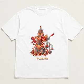 Front of a white tee with a four-color pixel-art design for Tax the rich
