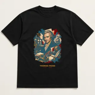 Front of a black tee with a three-color mixed-media design for Thomas Paine