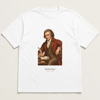 Front of a white tee carrying the light academia Thomas Paine design