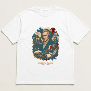 Front of a white tee with a three-color mixed-media design for Thomas Paine