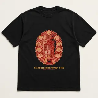 Front of a black tee with a two-color engraved design for Triangle Shirtwaist Fire
