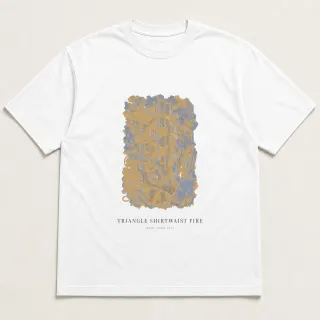 Front of a white tee carrying the ethereal Triangle Shirtwaist Fire design