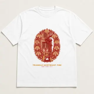 Front of a white tee with a two-color engraved design for Triangle Shirtwaist Fire