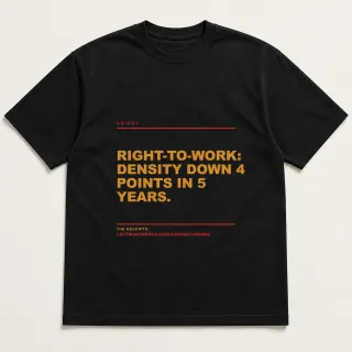 Front of a black tee reading "Right-to-work: density down 4 points in 5 years." with the Unions page address printed under it