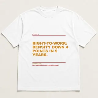 Front of a white tee reading "Right-to-work: density down 4 points in 5 years." with the Unions page address printed under it