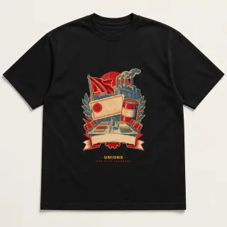 Front of a black tee with a three-color mixed-media design for Unions