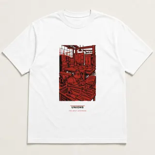 Front of a white tee carrying the utilitarian Unions design