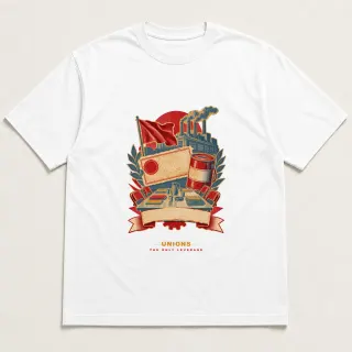 Front of a white tee with a three-color mixed-media design for Unions