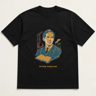 Front of a black tee with a four-color pixel-art design for Upton Sinclair