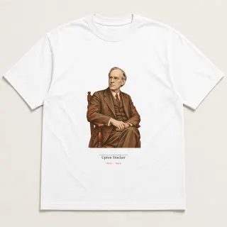 Front of a white tee carrying the light academia Upton Sinclair design