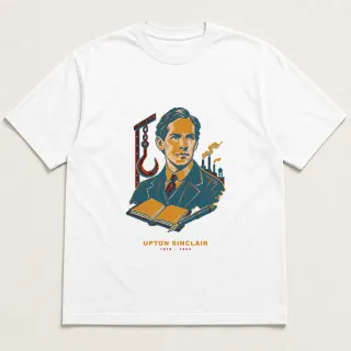 Front of a white tee with a four-color pixel-art design for Upton Sinclair