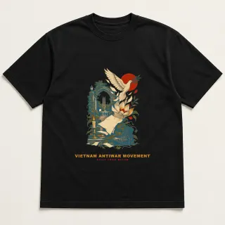 Front of a black tee with a two-color engraved design for Vietnam Antiwar Movement