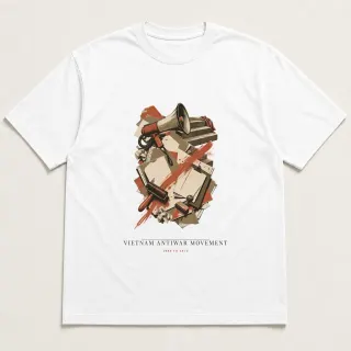 Front of a white tee carrying the wabi sabi Vietnam Antiwar Movement design