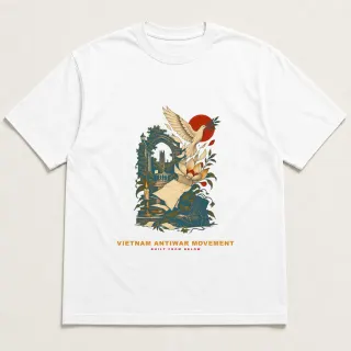 Front of a white tee with a two-color engraved design for Vietnam Antiwar Movement
