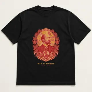 Front of a black tee with a two-color engraved design for W. E. B. Du Bois