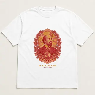 Front of a white tee with a two-color engraved design for W. E. B. Du Bois
