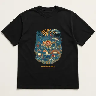 Front of a black tee with a three-color mixed-media design for Wagner Act