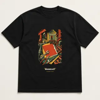 Front of a black tee carrying the mid-century Wagner Act design