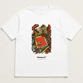 Front of a white tee carrying the mid-century Wagner Act design