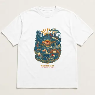 Front of a white tee with a three-color mixed-media design for Wagner Act