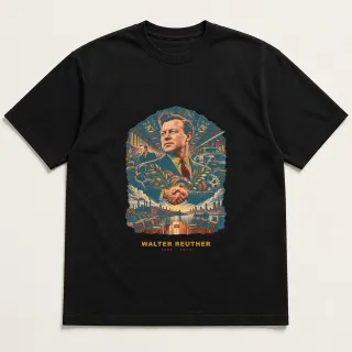 Front of a black tee with a two-color engraved design for Walter Reuther