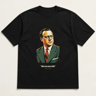 Front of a black tee carrying the mid-century Walter Reuther design