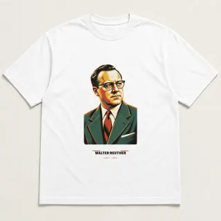 Front of a white tee carrying the mid-century Walter Reuther design