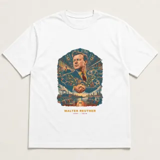 Front of a white tee with a two-color engraved design for Walter Reuther