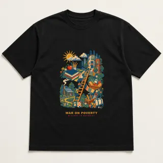 Front of a black tee with a four-color pixel-art design for War on Poverty