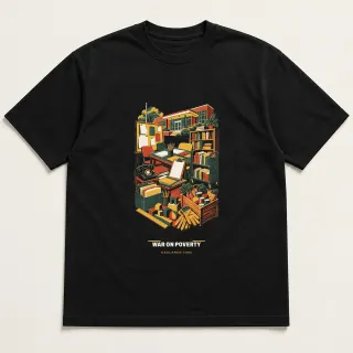 Front of a black tee carrying the mid-century War on Poverty design