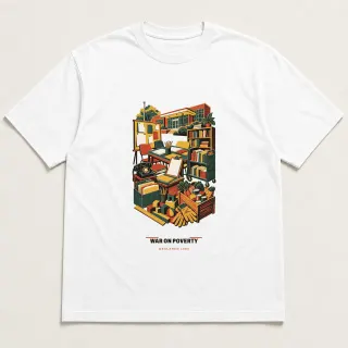Front of a white tee carrying the mid-century War on Poverty design