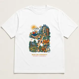 Front of a white tee with a four-color pixel-art design for War on Poverty