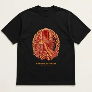 Front of a black tee with a two-color engraved design for Women's suffrage