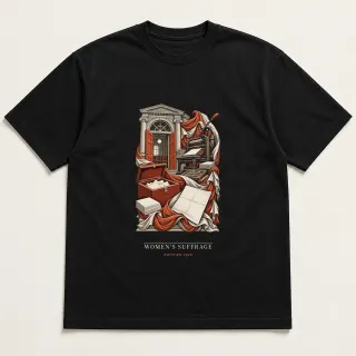 Front of a black tee carrying the neoclassical Women's suffrage design