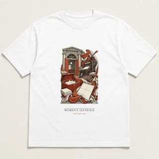 Front of a white tee carrying the neoclassical Women's suffrage design