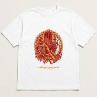 Front of a white tee with a two-color engraved design for Women's suffrage