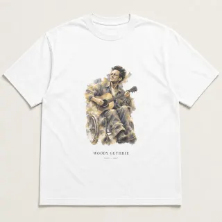 Front of a white tee carrying the marble mist Woody Guthrie design