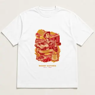 Front of a white tee with a three-color mixed-media design for Woody Guthrie